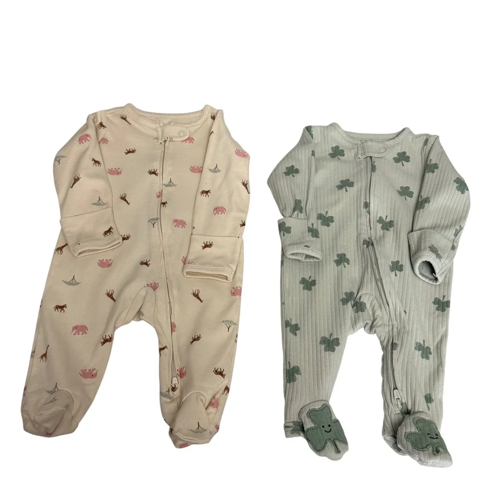 Carters Baby 0-3M Sleep and Play 2 Pack Safari Animal Shamrock Ribbed Footie PJs
